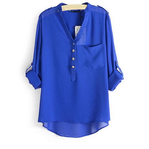 Plus Size XXXL 3 Colours Women Chiffon Blouse Camisas Blusas Femininas Ladies Long Sleeve Sheer V-Neck Blouses Shirt Tops S070