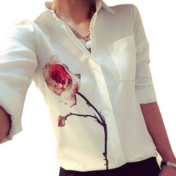 Scolour Plus Size Women Long Sleeve Rose Flower Blouse Fashion Spring Summer Turn Down Collar Loose Casual Chiffon Shirt Blusas