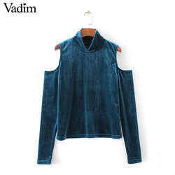 Women velvet cut out shoulder slim blouse long sleeve turtleneck shirts autumn female sexy streetwear tops blusas LT1281