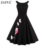 Women Vintage robe 50s Black Embroidery Sleeveless Swing Party Dress Feminino Vestidos