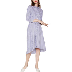 women elegant striped long shirt dress three quarter sleeve one pocket free sashes blouse summer casual tops blusas LT970