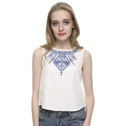 Women's Embroidery white crop top casual O neck sleeveless slim top/blouse