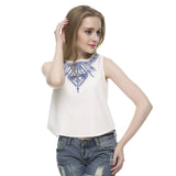 Women's Embroidery white crop top casual O neck sleeveless slim top/blouse