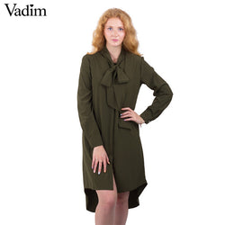 Women army green neck bow tie long shirts stand collar long sleeve loose blouses Blusas Femininas casual bow tie tops LT739