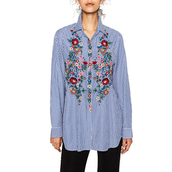 Women elegant striped floral embroidery cotton shirts long sleeve turn-down collar blouse ladies sweet casual tops blusas LT1122