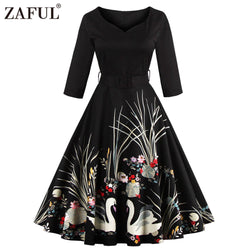 ZAFUL New black Vintage dress 50s Audrey hepburn 3/4 sleeve swan print robe feminino Ball Gown Party Retro Dresses Vestidos