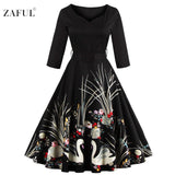 ZAFUL New black Vintage dress 50s Audrey hepburn 3/4 sleeve swan print robe feminino Ball Gown Party Retro Dresses Vestidos