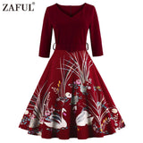 ZAFUL New black Vintage dress 50s Audrey hepburn 3/4 sleeve swan print robe feminino Ball Gown Party Retro Dresses Vestidos
