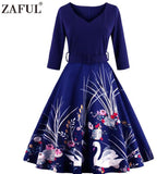 ZAFUL New black Vintage dress 50s Audrey hepburn 3/4 sleeve swan print robe feminino Ball Gown Party Retro Dresses Vestidos