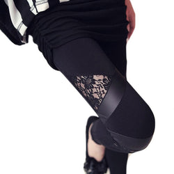 Charming Warm Cheap Lace Leggings Skinny Stretch Pants for Autumn Winter Triangular Lace PU Leather Leggings  whole seasons