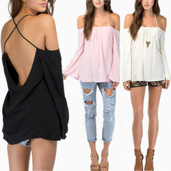 2015 Sexy Women Backless Long Sleeve Shirt Fashion Lady Strapless Thin Strap Cross Casual Loose Chiffon Blouse Tops