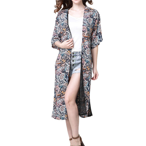 Women side split open stitch paisley print long kimono batwing short sleeve female retro casual loose tops LT757