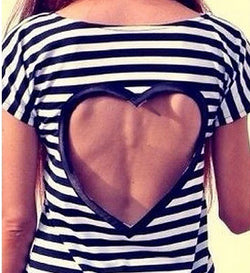 Women Sexy Tee Causal Striped Back Heart Hollow Out Top