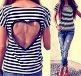 Women Sexy Tee Causal Striped Back Heart Hollow Out Top