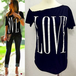 Hot New Summer Womens Sexy Fashion Loose Short Sleeve Black Tops Shirt Love Blouse