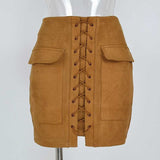 Smoves Women's Vintage High Waist External Pocket Tight Suede Lace Up Skirt Autumn Winter Thick Pencil Skirt Preppy Mini Skirt
