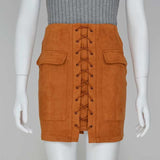 Smoves Women's Vintage High Waist External Pocket Tight Suede Lace Up Skirt Autumn Winter Thick Pencil Skirt Preppy Mini Skirt