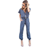 Kaywide Sexy V Neck Pleated Waist Pocket Rompers Womens Jumpsuit Plus Size Loose Cross Overalls Black Red Short Sleeve Playsuit