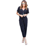 Kaywide Sexy V Neck Pleated Waist Pocket Rompers Womens Jumpsuit Plus Size Loose Cross Overalls Black Red Short Sleeve Playsuit