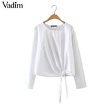 Women back sweet floral embroidery full cotton blouse hem bow O-neck long sleeve shirts ladies casual brand tops blusas LT1257