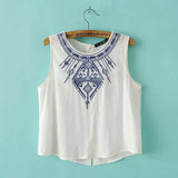 Women's Embroidery white crop top casual O neck sleeveless slim top/blouse