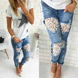 Women Lady Destroyed Ripped Jeans Distressed Hole Denim Flower Pants Boyfriend Jeans Trousers New