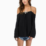 2015 Sexy Women Backless Long Sleeve Shirt Fashion Lady Strapless Thin Strap Cross Casual Loose Chiffon Blouse Tops