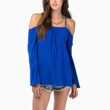2015 Sexy Women Backless Long Sleeve Shirt Fashion Lady Strapless Thin Strap Cross Casual Loose Chiffon Blouse Tops