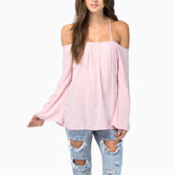 2015 Sexy Women Backless Long Sleeve Shirt Fashion Lady Strapless Thin Strap Cross Casual Loose Chiffon Blouse Tops