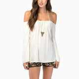 2015 Sexy Women Backless Long Sleeve Shirt Fashion Lady Strapless Thin Strap Cross Casual Loose Chiffon Blouse Tops