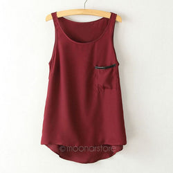 Pocket Shirt Tops Women's Simple Style Pocket Round Neck Sleeveless Shirt Asymmetrical Shirt