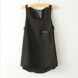 Pocket Shirt Tops Women's Simple Style Pocket Round Neck Sleeveless Shirt Asymmetrical Shirt