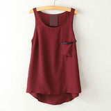 Pocket Shirt Tops Women's Simple Style Pocket Round Neck Sleeveless Shirt Asymmetrical Shirt