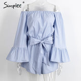 Simplee Sexy off shoulder flare sleeve jumpsuit romper Elegant bow ruffle women overalls Causal blue summer beach playsuit