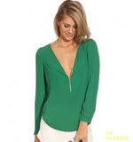 V-Neck Long Sleeve Zipper Sexy Blouse for Women work/casual wear