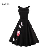 Women Vintage robe 50s Black Embroidery Sleeveless Swing Party Dress Feminino Vestidos