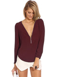 V-Neck Long Sleeve Zipper Sexy Blouse for Women work/casual wear