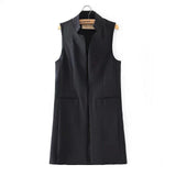 Stylish women coat stand collar long suit vest black white dark blue with two pockets