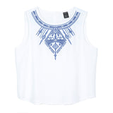 Women's Embroidery white crop top casual O neck sleeveless slim top/blouse